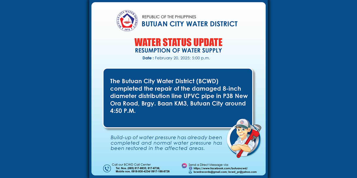 WATER STATUS UPDATE RESUMPTION OF WATER SUPPLY (February 20, 2025 5:00 P.M)