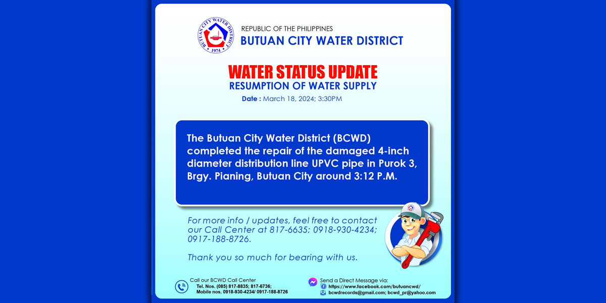 WATER STATUS UPDATE  (March 18, 2024; 3:30PM)