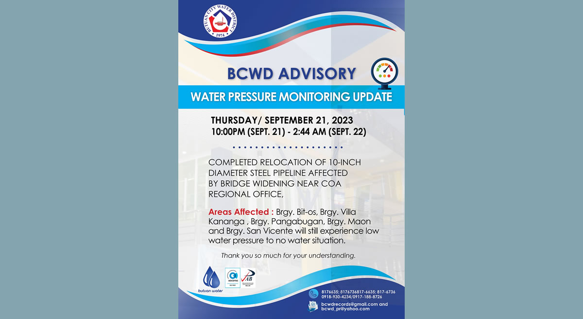 WATER PRESSURE MONITORING UPDATE  Date: September 21, 2023