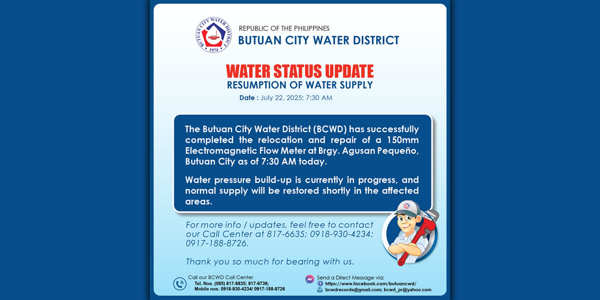 WATER STATUS UPDATE Resumption of Water Supply July 22, 2025 7:30 AM